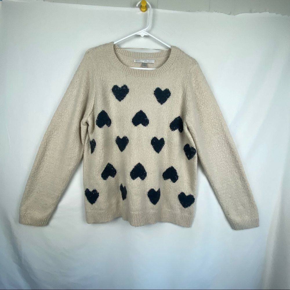 LC Lauren Conrad Cream Sweater with Black Heart Pattern